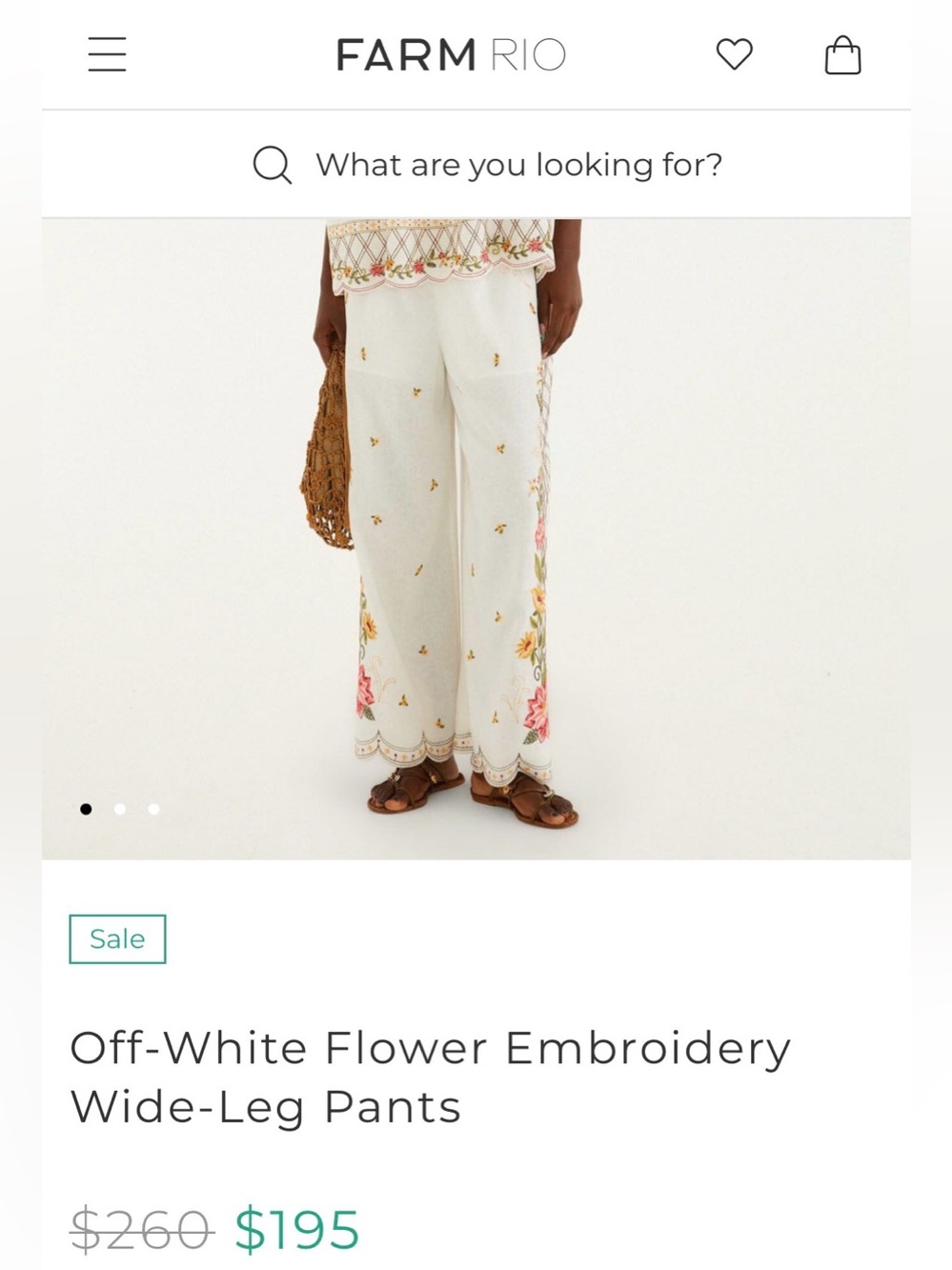 FARM RIO Off-White Wide-Leg Linen Pants with Pink & Yellow Floral Embroidery